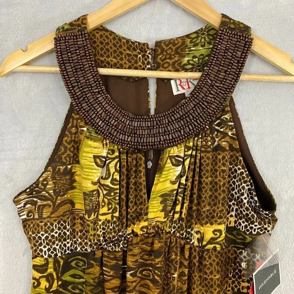 R&K Originals Beaded Tribal Halter Dress Womens 6 Brown Tropical Floral‎ NWT NEW